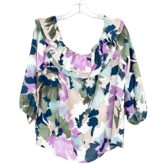 J. Crew Mercantile Green Purple Floral Off the Shoulder Blouse Sz L - Picture 1 of 5